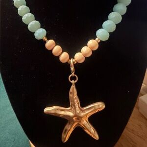 Plunder wood and Faux Jade beaded with Gold Starfish Pendant Necklace